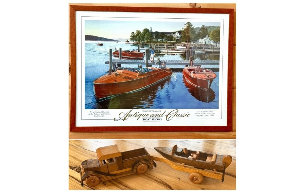 SIGNED PRINT, VINTAGE TRUCK & BOAT